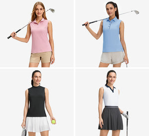 A collage of four images showing the model wearing Maelreg sleeveless tops