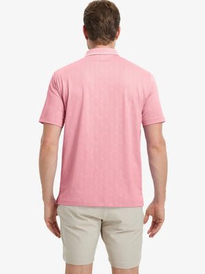 Back half-body view of Modern Texture Stylish Polo in CARMINE worn by model.