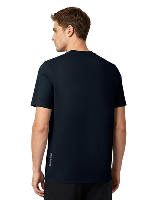 Back upper body view in navy of men's short sleeve slim fit roma knit t-shirt.