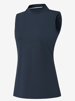 3d rendering of navy blue women's moisture-wicking mock neck sleeveless golf tops