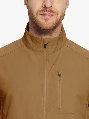 Front upper body view of windproof golf vests with zip pockets, lightweight fit in brown