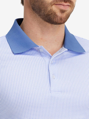 Front view from nose to chest of model wearing pink purple diamond premium ribbed collar print polo shirts