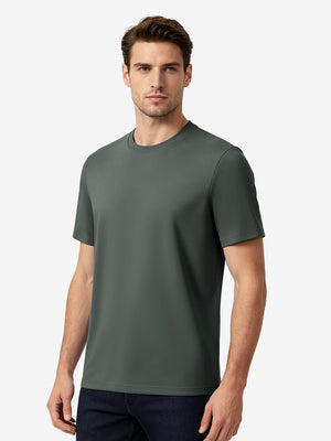 Front upper body view in grey of men's short sleeve slim fit roma knit t-shirt.