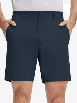Front lower body shot of model wearing navy flat front flex cotton blend golf shorts
