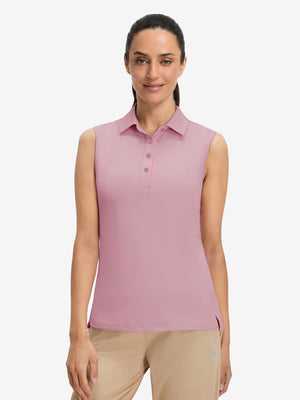 Front upper body view in lavender of women's 4 buttons golf polo shirts.