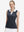 Front upper body shot of model wearing black gray blocks women's sleeveless v-neck print golf shirts