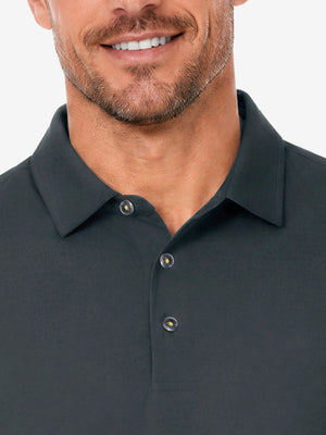 Front view from nose to chest in dark gray of nylon blend casual jacquard polo shirts.