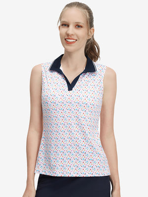 Front upper body shot of model wearing colorful hearts women's sleeveless v-neck print golf shirts