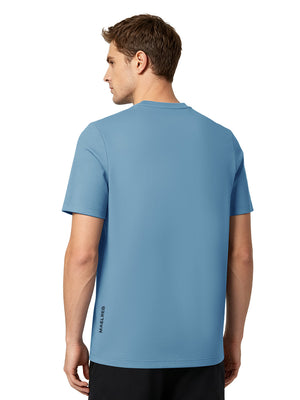 Back upper body view in light blue of men's short sleeve slim fit roma knit t-shirt.