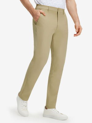 Front lower body shot of model wearing khaki stretch cotton blend slim fit golf trousers 5 pockets