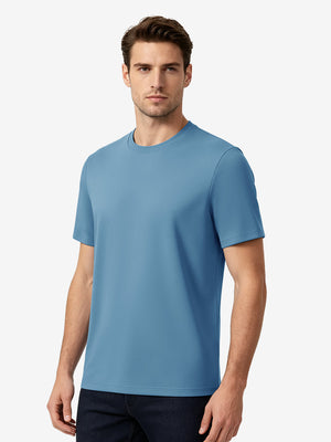 Front upper body view in light blue of men's short sleeve slim fit roma knit t-shirt.