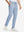 Front lower body shot of model wearing sky blue stretch cotton blend slim fit golf trousers 5 pockets