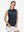 Front upper body view in navy of women's 4 buttons golf polo shirts.