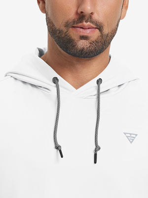 Close-up of collar area on casual solid fleece hoodies pullover in white, highlighting neckline detail.