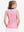 Back upper body shot of model wearing pink white florals women's sleeveless v-neck print golf shirts
