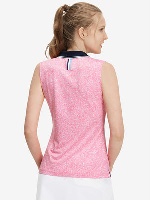 Back upper body shot of model wearing pink white florals women's sleeveless v-neck print golf shirts