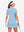 Back upper body view in light blue of women's lightweight golf dress with 2 pockets.