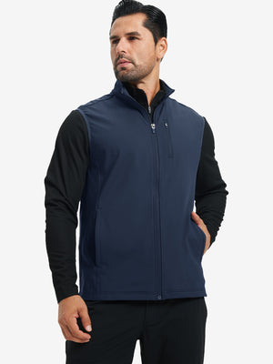 Model wearing water-resistant fleece golf vests, hand in side pocket, relaxed fit in navy