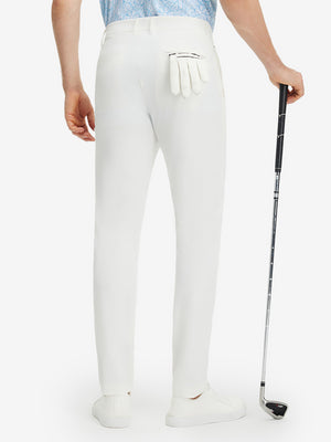 Back lower body shot of model wearing white stretch cotton blend slim fit golf trousers 5 pockets