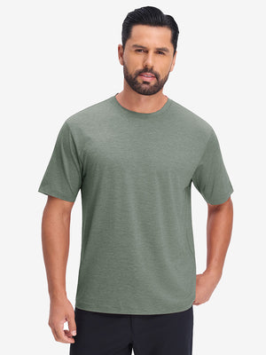 Front upper body view in celadon green heather of moisture wicking heather round neck athletic t-shirts.