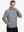 Model wearing the lightweight water-repellent softshell hooded jacket, neutral grey, front upper-body outdoor style.