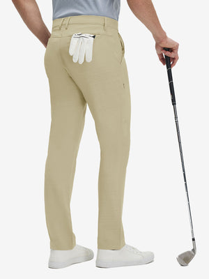 Back lower body shot of model wearing khaki straight fit lightweight dress golf pants