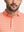Front shot from nose to chest of model wearing peach amber/calypso coral non-curl ribbed collar striped polo shirts