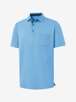 3d view of garment in blue heather of performance heather contrast collar polo shirts.
