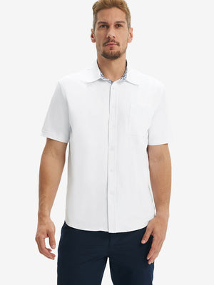 Front upper body shot of model wearing white cool print plain button up shirts