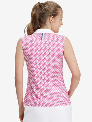 Back upper body shot of model wearing white pink geometric women's sleeveless v-neck print golf shirts