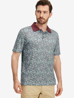 Front upper body shot of model wearing grey/wine camo premium ribbed collar print polo shirts