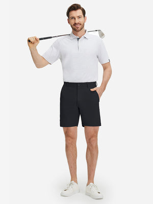 Front full body shot of model wearing black flat front flex cotton blend golf shorts