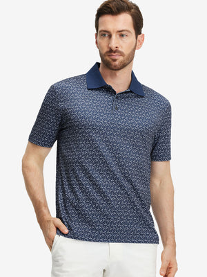 Front upper body shot of model wearing dark blue golf premium ribbed collar print polo shirts