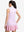 Back upper body shot of model wearing pink purple stripes women's sleeveless q-zip print quick dry golf tops