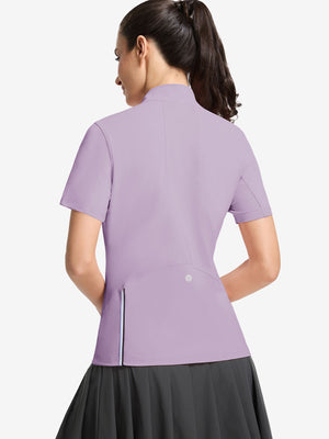 Back upper body shot of model wearing pinkish purple women's breathable 1/4 zip pullover golf shirts