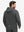Back upper body shot of model wearing dark grey waterproof lightweight rain jacket with hood