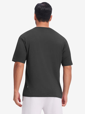 Back upper body view in black heather of moisture wicking heather round neck athletic t-shirts.