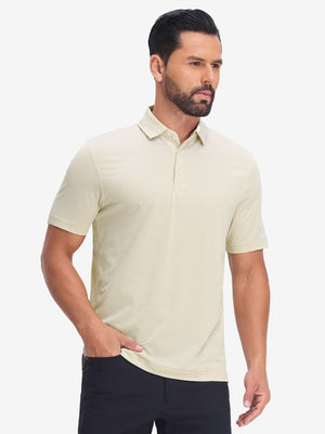 Front half body shot of model wearing beige white comfy breathable pin-stripe texture golf polos