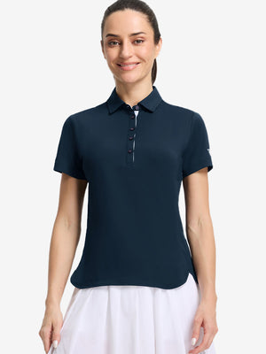 Front upper body shot of model wearing navy women's 5 buttons collared polo shirts