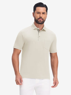 Front upper body view in light khaki heather of performance heather contrast collar polo shirts.