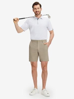 Front full body shot of model wearing khaki grey flat front flex cotton blend golf shorts