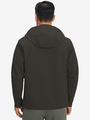 Back upper-body view of water-resistant heat-tech softshell winter jacket with hood in coffee.