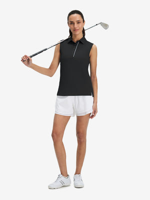 Front full body with golf club in black of women's 4 buttons golf polo shirts.