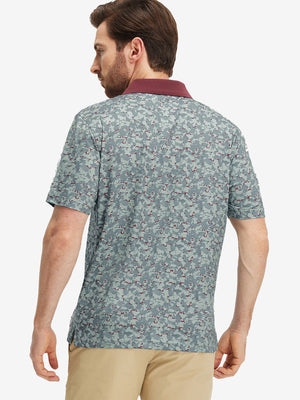 Back upper body shot of model wearing grey/wine camo premium ribbed collar print polo shirts