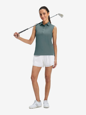 Front full body with golf club in dusty blue of women's 4 buttons golf polo shirts.