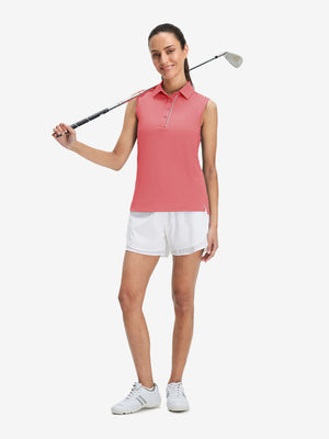 Front full body with golf club in pink of women's 4 buttons golf polo shirts.