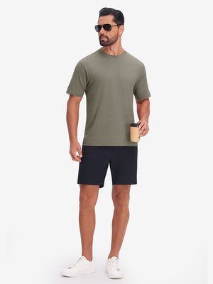 Front full body view in taupe heather of moisture wicking heather round neck athletic t-shirts.