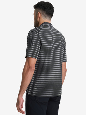 Back upper body shot of model wearing stretch limo/ltgrey heather non-curl ribbed collar striped polo shirts