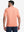 Back upper body shot of model wearing peach amber/calypso coral non-curl ribbed collar striped polo shirts