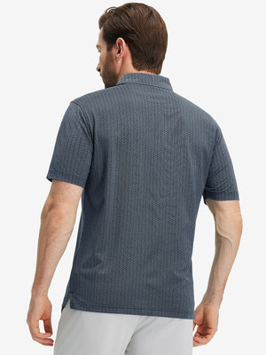 Back upper body shot of model wearing dark blue classic lightweight jacquard golf shirts